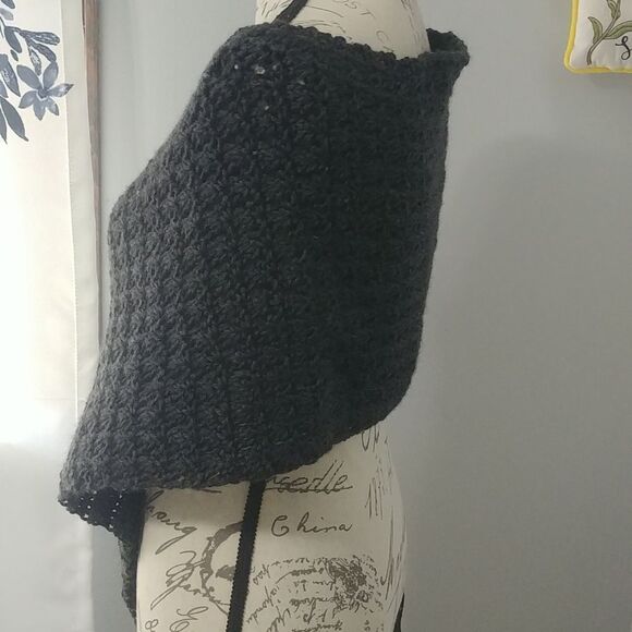 Handmade Crocheted Warm Simple Dark Grey Poncho S/M - Picture 2 of 7
